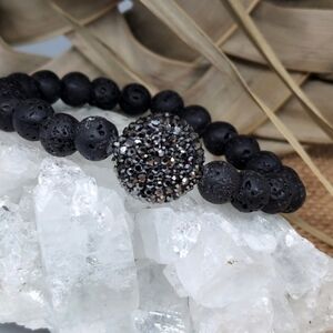 Large Natural Lava Stone PaveCrystals Beaded Natural stones Bracelet